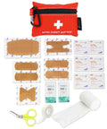 Red mini first aid kit with carabiner; 20-piece travel kit with bandages, alcohol prep pads, scissors, tape, and gauze.