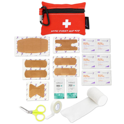 Red mini first aid kit with carabiner; 20-piece travel kit with bandages, alcohol prep pads, scissors, tape, and gauze.