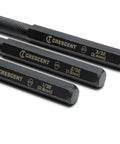 Close-up of Pro Grade 3 Piece 5 Inch Steel Punch Set with Black Oxide Finish, Laser Etched Size Markings 1/32 2/32 3/32 Inch