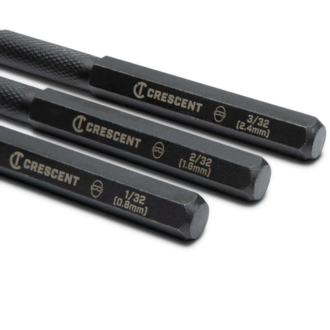 Close-up of Pro Grade 3 Piece 5 Inch Steel Punch Set with Black Oxide Finish, Laser Etched Size Markings 1/32 2/32 3/32 Inch