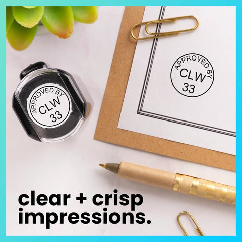 Self Inking Inspection Stamp For Quality Control And Documentation Five Eighths Inch Diameter Ideal For Office And Factory Use Three Line Print Logs Inspections Who And When Quick Visual Record on desk with paper and pen