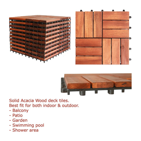 Teak Interlocking Patio Deck Tiles Set of 10 12 Inch by 12 Inch Outdoor Wood Flooring Mats for Porch Patio or Indoor Shower Area Super Easy Install Anti Slip Under One Inch Thick viewed from multiple angles.