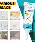Heavy Duty Drywall Repair Kit 12 Oz Tube With Scraper For Wall Holes Cracks Chips Dents Spackle Patch And Concrete Cement Crack Filler No Mess Quick Fix That Dries Invisible And Leaves A Smooth White Finish shown next to various wall damage examples.
