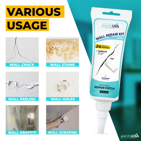 Heavy Duty Drywall Repair Kit 12 Oz Tube With Scraper For Wall Holes Cracks Chips Dents Spackle Patch And Concrete Cement Crack Filler No Mess Quick Fix That Dries Invisible And Leaves A Smooth White Finish shown next to various wall damage examples.