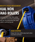 Professional Grade Retractable Air Hose Reel Featuring 3/8 Inch By 50 Foot Hybrid Polymer Tubing With 300 Psi Pressure Capacity And Kickass Swivel Joint For Daily Shop Duties showing dual non-snag rollers.