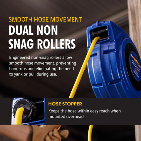 Professional Grade Retractable Air Hose Reel Featuring 3/8 Inch By 50 Foot Hybrid Polymer Tubing With 300 Psi Pressure Capacity And Kickass Swivel Joint For Daily Shop Duties showing dual non-snag rollers.