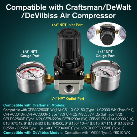 Air Regulator With 0 To 200 Psi Gauge And Four Port Adjustable Regulator, Fits Craftsman DeWalt DeVilbiss Air Compressors