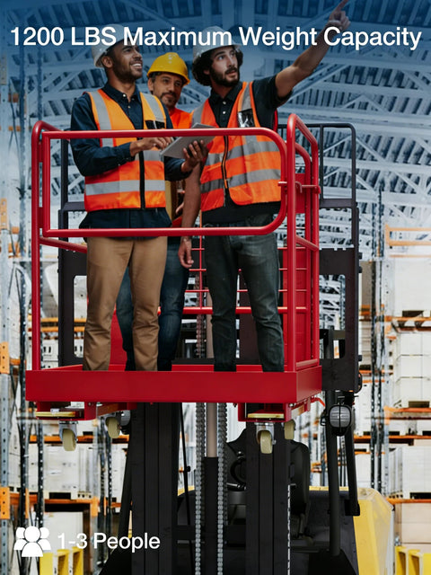 Front view of a red 36x36-inch foldable forklift safety cage with rails, carrying 3 workers in orange vests inside, warehouse background.