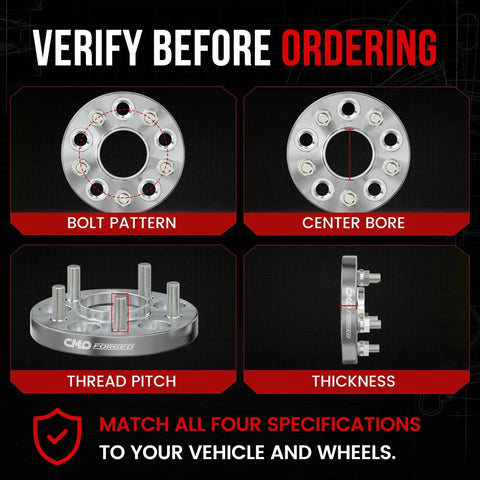 Image showing specifications for Dead On 2 Inch Wheel Adapters with bolt pattern, center bore, thread pitch, and thickness details.
