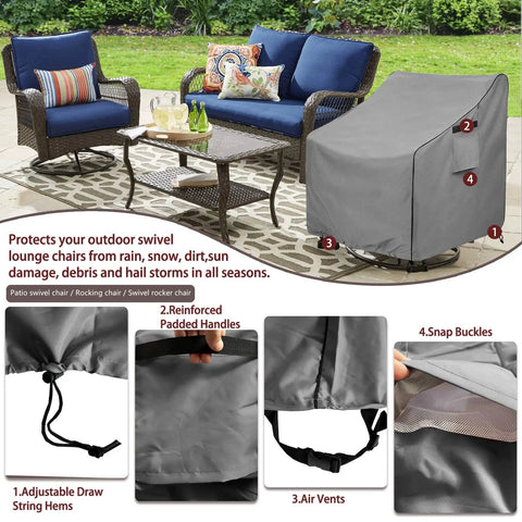 Outdoor Swivel Chair Covers 2 Pack, Waterproof Heavy Duty Patio Lounge Chair Covers, Gray, with adjustable straps, air vents, and snap buckles