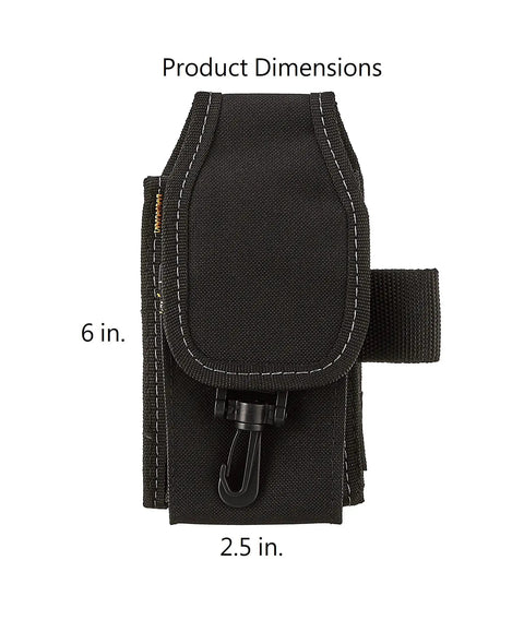 Front view of black 5-pocket cell phone and tool holder with dimensions shown