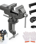 Heavy Duty Bench Vise With 360 Swivel Base Clamp On Mount For Woodworking And Metal Projects Featuring Kickass Non Slip Grip and accessories.