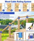 Illustration of wood cable railing system with components including 80 Pack Stainless Steel Protector Sleeves For One Eighth Inch Wire Rope Cable Railing Marine Grade Deck Balustrade Kit For Wood Posts DIY Projects For Home Outdoor Wood Posts And Balconies For DIYers.