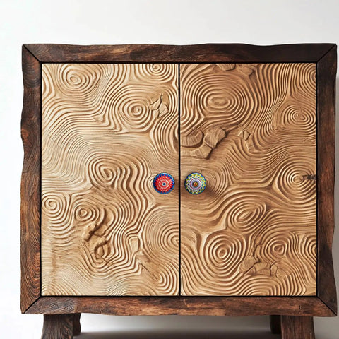 Wooden cabinet with ceramic cabinet knobs set with vintage look hand painted multicolor mandala designs for doors.