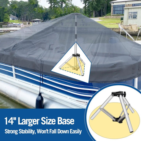 Extra Tall Boat Cover Support Pole With Heavy Duty Metal Tripod Base on a pontoon boat demonstrating stability