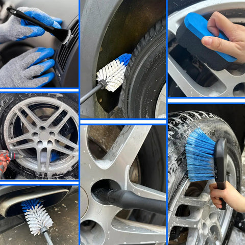 Car Wheel Cleaning Kit with soft drill wheel cleaner brush, detailing pads used on rims and tires, blue and white nylon bristles