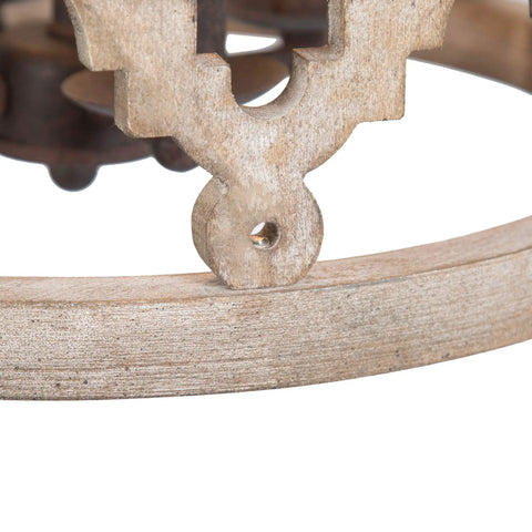 Close-up of Dope Farmhouse Wood Pendant Chandelier For Dining Room And Kitchen Island Rustic Whitewashed Finish With Dark Details