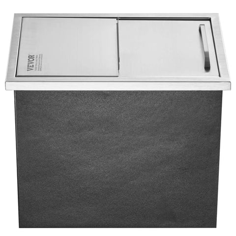 Front view of Drop-In Stainless Steel Ice Chest with Sliding Cover, 40.9 Qt Ice Bin, 18x12x14.5 in, with drain pipe and plug.