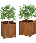 Two Pack Teak Oil Finished Meranti Wood Flower Planter Boxes For Outdoor Gardens Patios And Backyards 15.4 x 17.7 x 15.4 Inches Water Resistant Durable With Easy Assembly And Hardware Included.