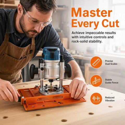 Pro Level Aluminum Router Base Plate With Dual Scale Precision Markers Durable Build Supports Trim Router Table Inserts Easy Adjust Fence helps precise routing.