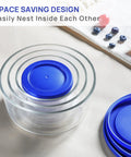 Glass Bowls Set Of Four With Lids, 1, 2, 4 And 7 Cup Sizes, nesting for easy storage, clear glass with blue lids