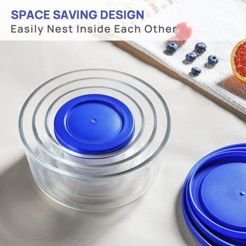 Glass Bowls Set Of Four With Lids, 1, 2, 4 And 7 Cup Sizes, nesting for easy storage, clear glass with blue lids