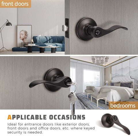 10 Pack Exterior Door Handle Lockset With Keyed Alike And Combo Keys In Oil Rubbed Bronze, installed on room doors
