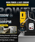 Heavy Duty 1200W Magnetic Drill Press With 23mm Boring Capacity, showcasing drilling specs and features for steel structure engineering.
