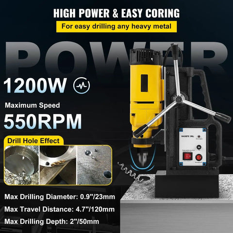 Heavy Duty 1200W Magnetic Drill Press With 23mm Boring Capacity, showcasing drilling specs and features for steel structure engineering.