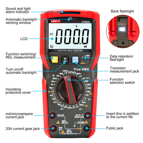 Front view of True RMS 6000 Count Digital Multimeter With 1000V AC DC 20A AC DC Range NCV Live Wire Detection LED Display features.