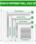 Diagram of Drywall Repair Kit With Aluminum Patch Set For Quick Hole Fix, 13 Piece Wall Patch Kit with 2x2, 4x4, 6x6, 8x8 inch patches.