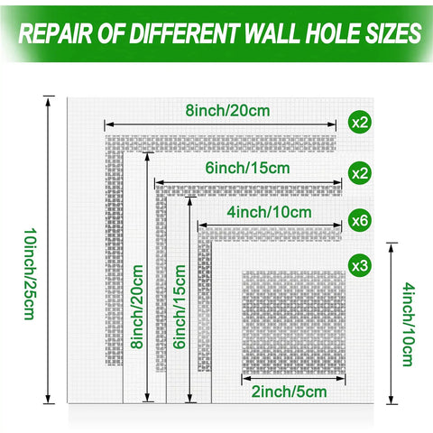 Diagram of Drywall Repair Kit With Aluminum Patch Set For Quick Hole Fix, 13 Piece Wall Patch Kit with 2x2, 4x4, 6x6, 8x8 inch patches.