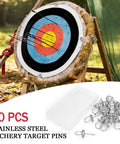 20 Pack Heavy Duty Stainless Steel Archery Target Pins with Loop Handle shown near a foam target outdoors.