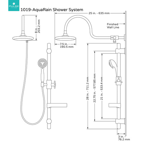 Diagram of the Rain Shower Head With Handheld Sprayer Set, 8 Inch Chrome Showerhead and Hose, Adjustable Slide Bar, Retrofit Kit