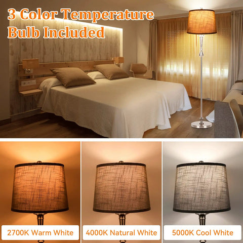 Tall Floor Lamp With Grey Linen Shade And Nickel Finish 3 Color Temperature LED Standing Lamp 2700K 4000K 5000K 810 Lumens