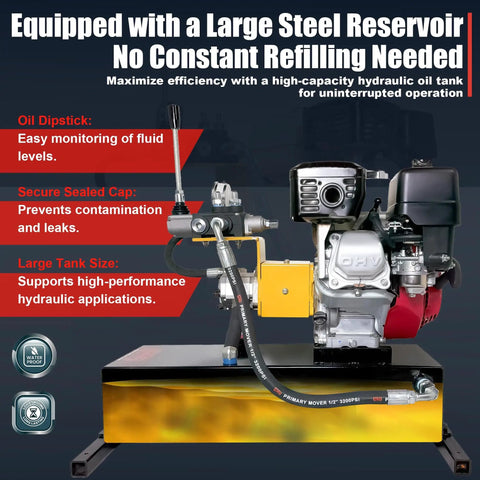 Honda GX200 Powered Gas Hydraulic Power Unit With 5 Gallon Reservoir showing large steel tank and engine components