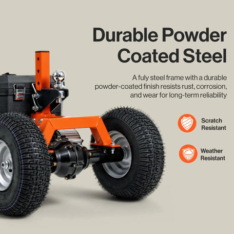 Heavy Duty Electric Trailer Dolly For 2800 Lbs Max Weight 450 Lbs Tongue Load With 2 Inch Ball Mount and 24V Battery Powered Motor Smooth Rolling Wrecker Jack Lever Reliable Gear close-up of durable powder-coated steel frame and wheels.