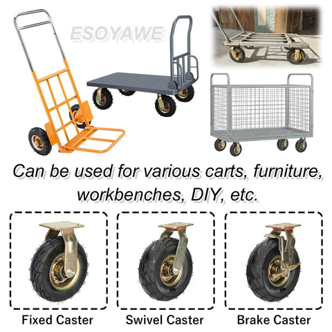 Built Tough Heavy Duty Pneumatic Casters 250 Millimeter Rubber Wheels 4 Pack shown on various carts and dollies.