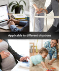 Collage showing wireless remote outlet kit used in various settings: office, caregiving, pregnancy, and child play.