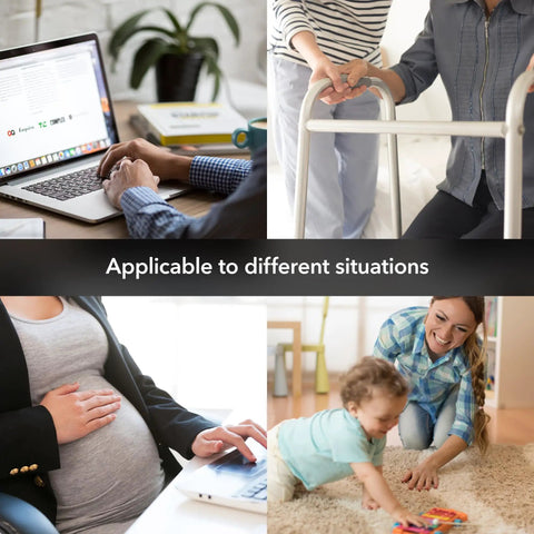 Collage showing wireless remote outlet kit used in various settings: office, caregiving, pregnancy, and child play.