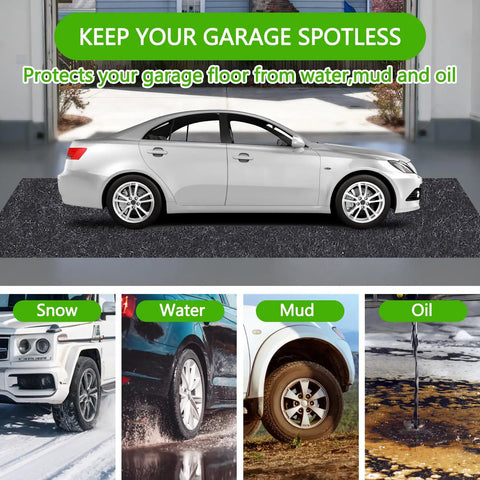Heavy Duty Garage Floor Mat 32 By 64 Inch absorbs oil and grease on contact under car, protects garage from spills and mud