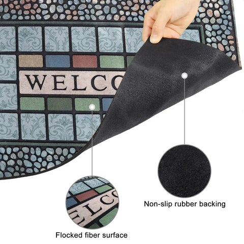 Close-up of Rugged Heavy Duty Rectangle Entry Door Mat 24 X 36 Inches For High Traffic Front Porch, showing non-slip rubber back.