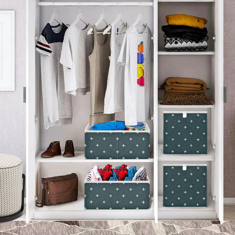 Heavy Duty Foldable Storage Bins With Reinforced Hollow Board Panels, Collapsible Closet Organizers Crafted From Thick 300D Oxford Fabric in a closet filled with clothes.