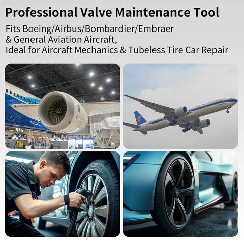 Valve Stem Removal And Installation Tool For Aircraft Tires And Tubeless Setups Quick Safe Deflation Precise Fit For Standard Valve Stems Pro Grade OEM Quality Performance For Shock Struts And Heavy Duty Applications showcased with aircraft and vehicle maintenance