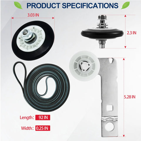 Image of Dryer Drum Roller Kit Replacement For LG Front Load And Electric Dryers Fits DLE DLEX DLG Series Models showing parts and dimensions.