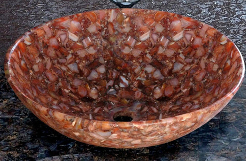 Slick 24 Inch Round Vessel Sink Bowl Carved From Real Red Onyx Stone With A Shiny Nonporous Finish. Close-up view of sink interior.