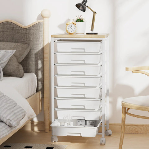 Rolling Cart With Eight Drawers Wooden Tabletop Storage Cart On Lockable Wheels for bedroom organization, white color