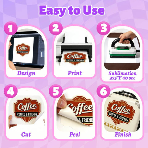 Steps for using Sublimation Sticker Paper 60 Sheets 8.5x11: design, print, press, cut, peel, finish with crisp color pop.