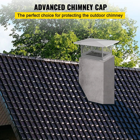 Heavy Duty 8X13 Inch Chimney Cap installed on a sloped roof, featuring a stainless steel spark arrestor and mesh cover.