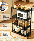Heavy Duty 4 Tier Foldable Storage Shelf, Massive Rolling Wire Rack With Pivoting Casters, Dead Simple Tool Free Assembly, Total Game Changer Cube Organizer For Kitchen Pantry Garage Or Home Office, Black, featuring flexible 360° casters and organized kitchen items.